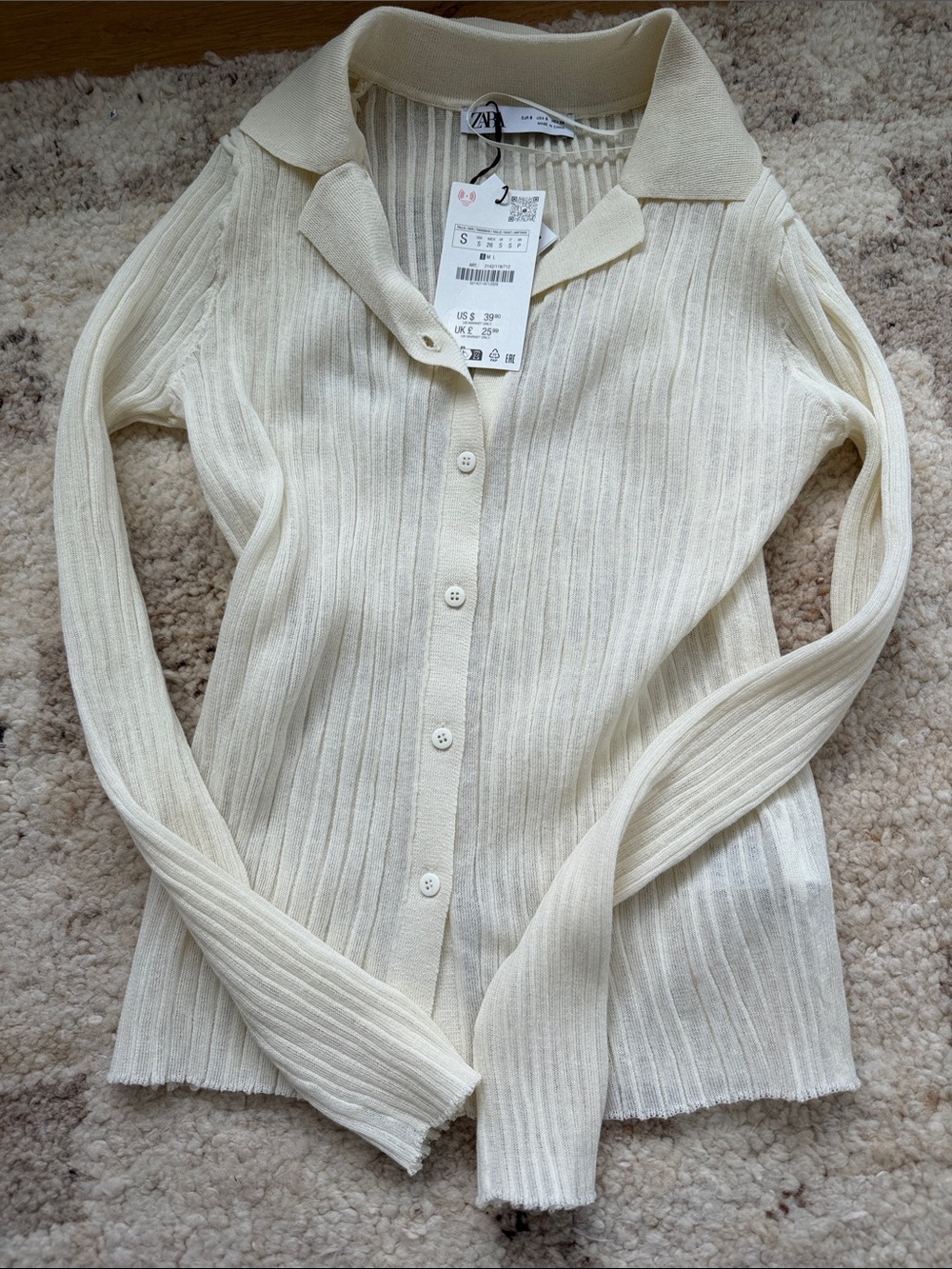 Zara Cream Ribbed Polo Button Cardigan